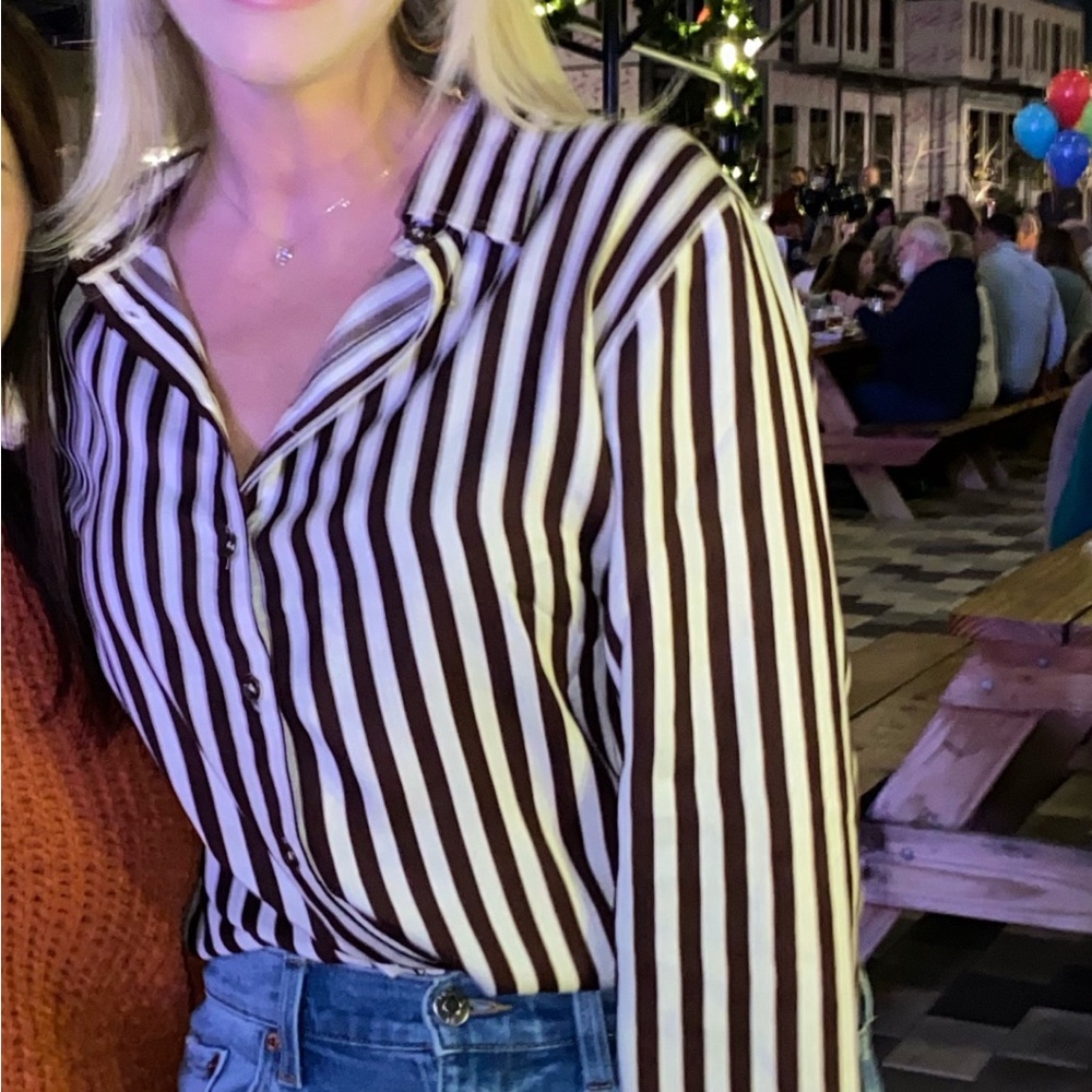 Bohemian Mama Jens Pirate Booty thin striped long sleeve button up blouse